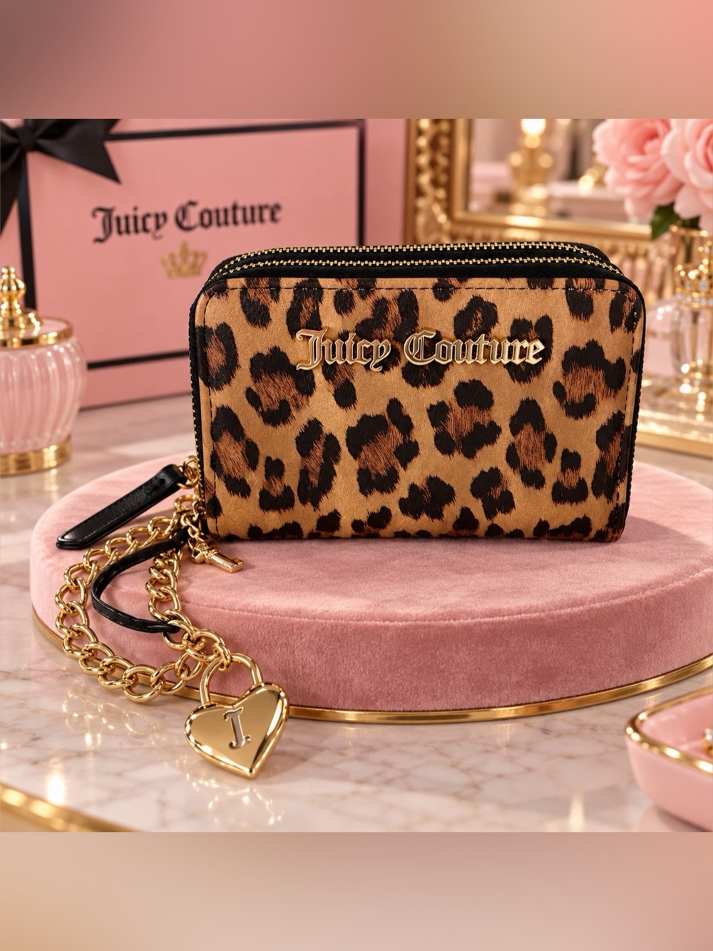 Juicy Couture Leopard Print Double Zip Wallet with Heart Lock Charm